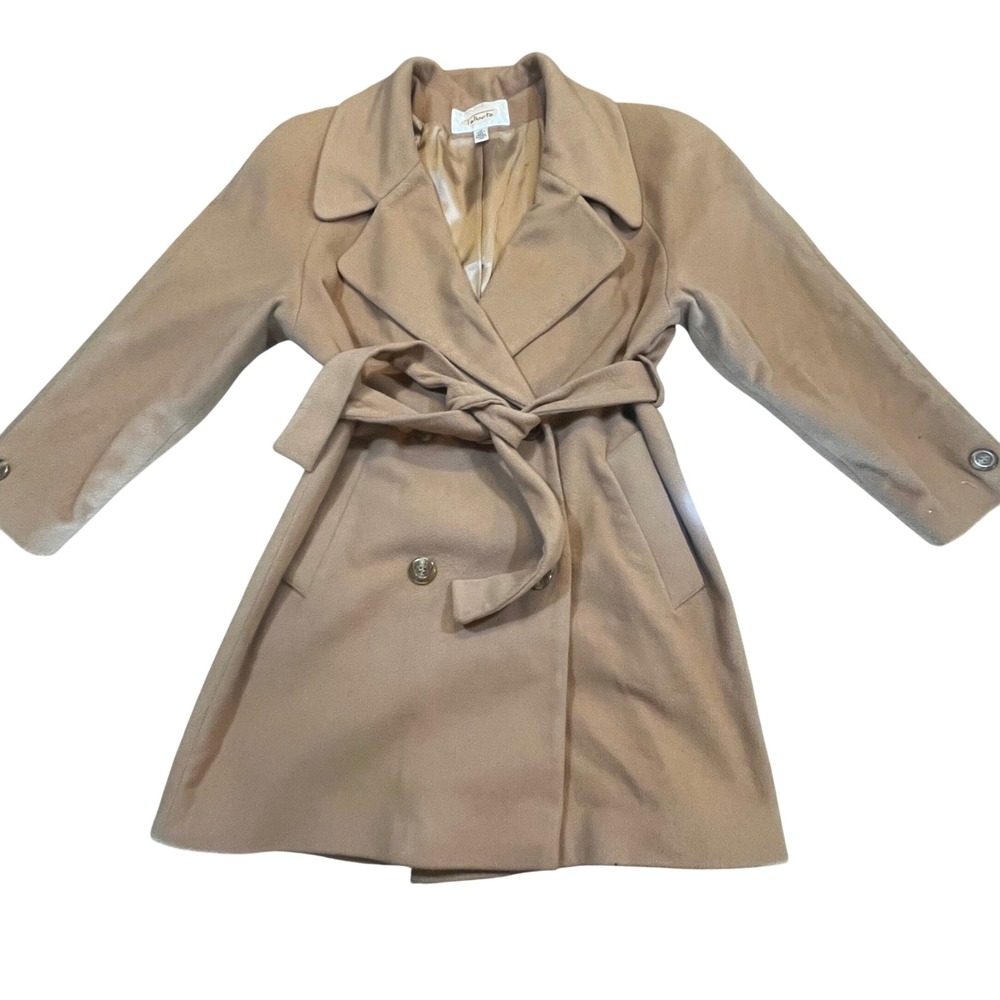 Vintage Talbots Women Camel Wool Blend Wrap Coat Belted Double Breastedâ Size 12